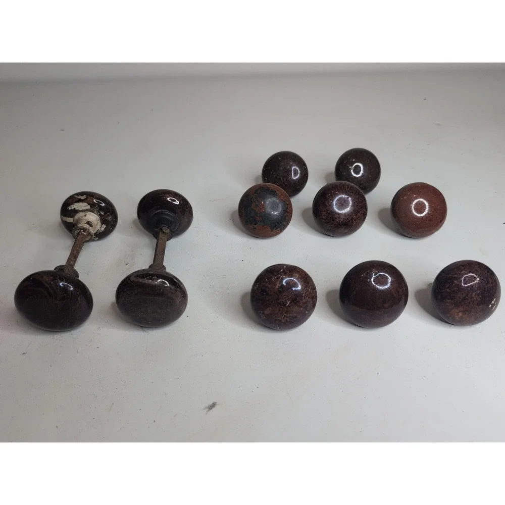 Lot of 12 Rare 1800s Antique Brown Tiger Eye Swirl Door Knobs Vintage